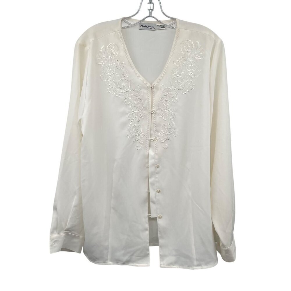 Claudia Richard Sheer Button Up Top Embroidered Long Sleeve Cream Size 14